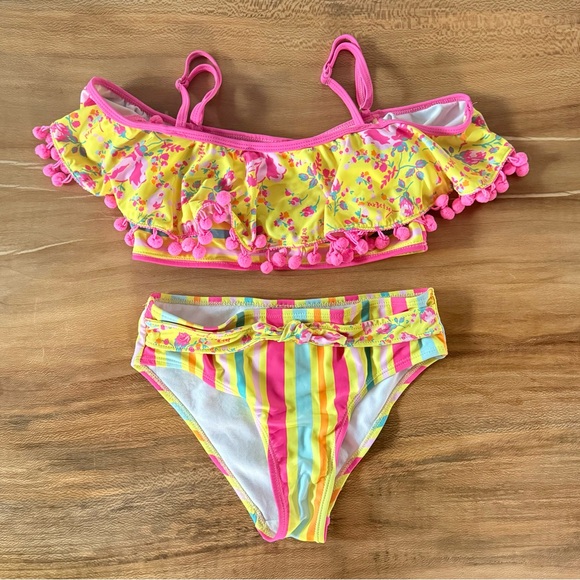 Betsy Johnson Floral and Strip Ruffled Pom-Pom Bikini Set Girls Size 10 - Picture 1 of 4